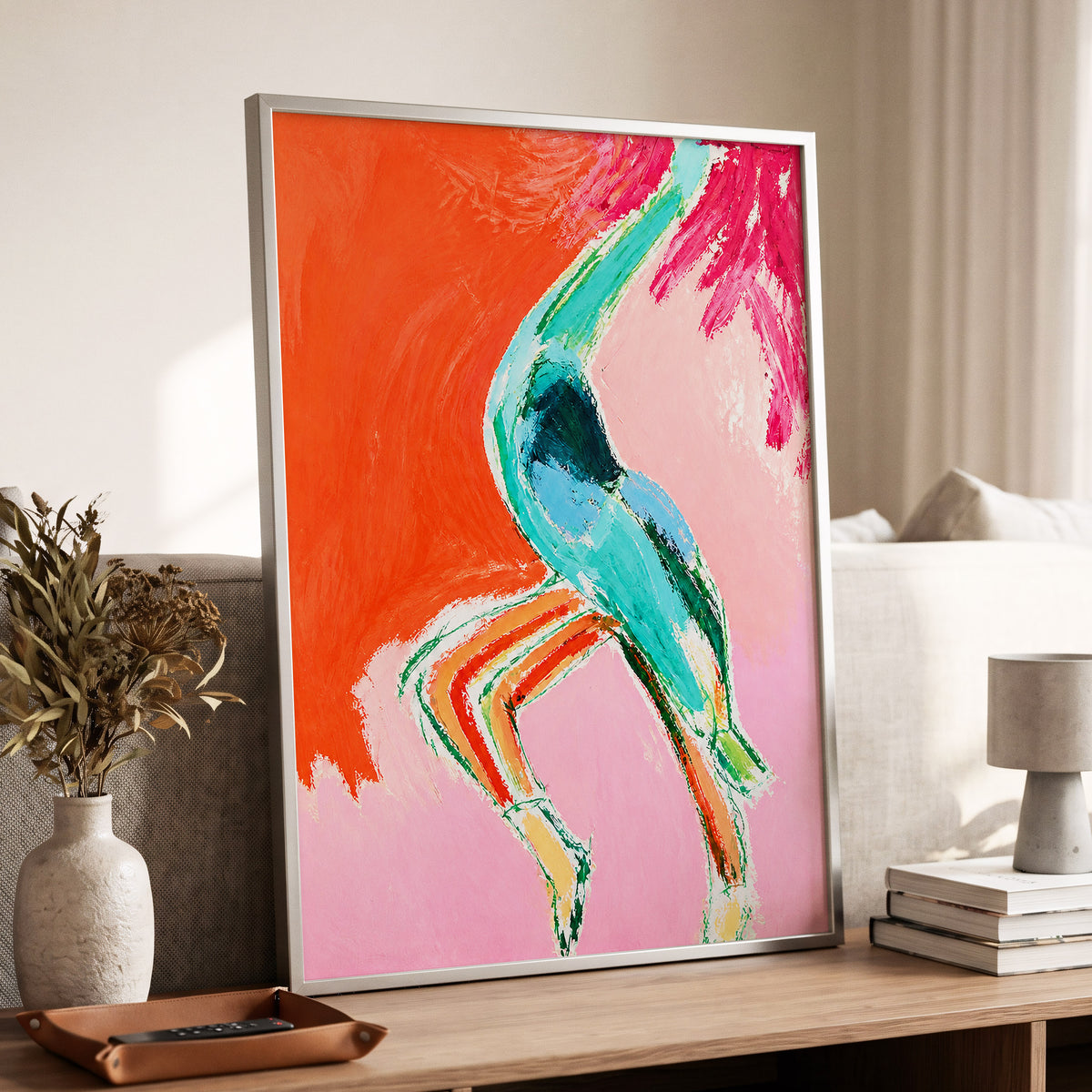 Tangerine Current, orange, pink, blue abstract wall art displayed in a styled interior, gallery view 6