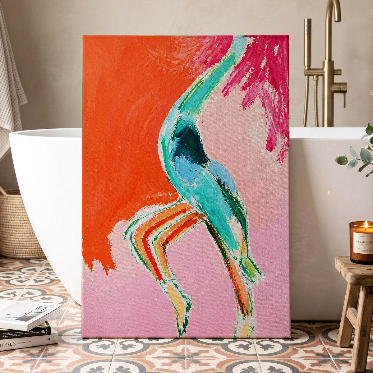 Tangerine Current, orange, pink, blue abstract wall art displayed in a styled interior, gallery view 7