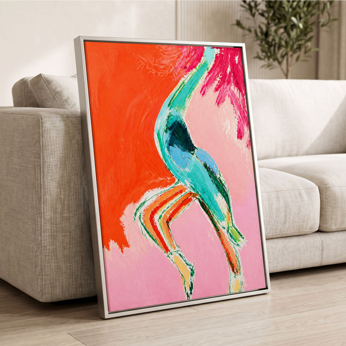 Tangerine Current, orange, pink, blue abstract wall art displayed in a styled interior, gallery view 8