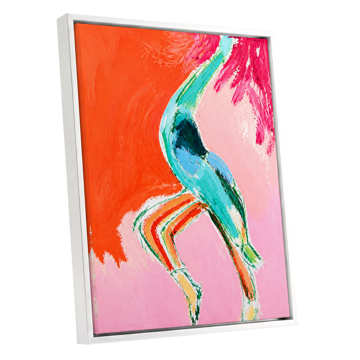 Tangerine Current, orange, pink, blue abstract wall art shown as a white framed canvas wall art