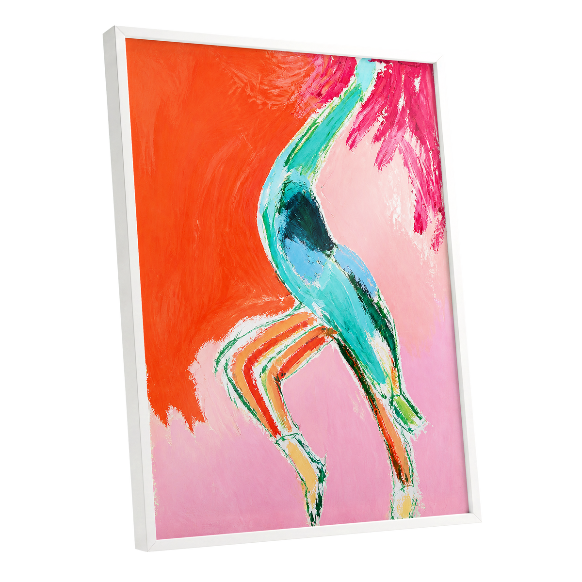 Tangerine Current, orange, pink, blue abstract wall art shown as a white framed poster wall art print