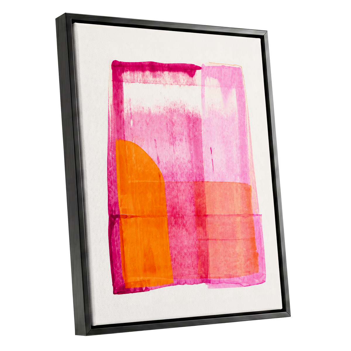 Tangerine Interlude, pink, orange, white abstract wall art shown as a black framed canvas wall art