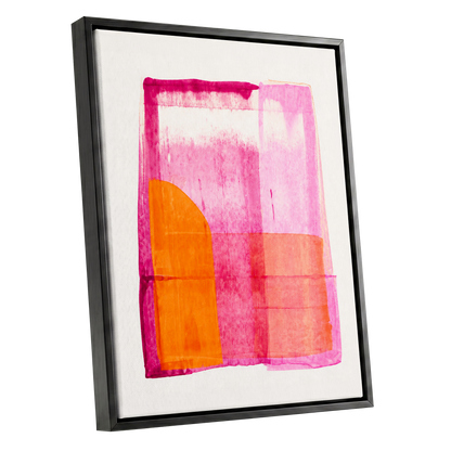 Tangerine Interlude, pink, orange, white abstract wall art shown as a black framed canvas wall art