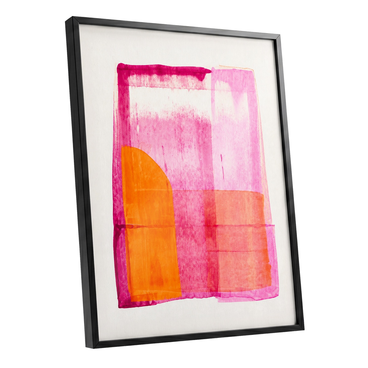 Tangerine Interlude, pink, orange, white abstract wall art shown as a black framed poster wall art print