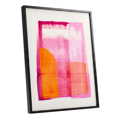 Tangerine Interlude, pink, orange, white abstract wall art shown as a black framed poster wall art print