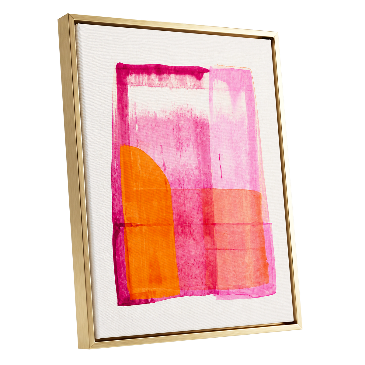 Tangerine Interlude, pink, orange, white abstract wall art shown as a gold framed canvas wall art