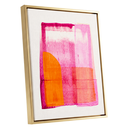 Tangerine Interlude, pink, orange, white abstract wall art shown as a gold framed canvas wall art