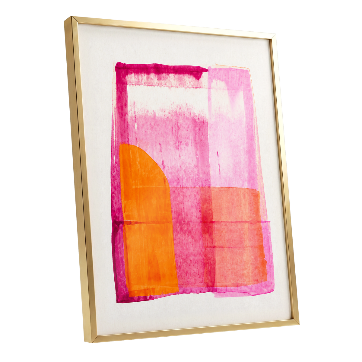 Tangerine Interlude, pink, orange, white abstract wall art shown as a gold framed poster wall art print