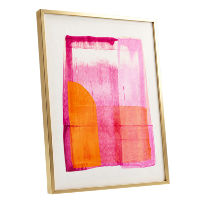 Tangerine Interlude, pink, orange, white abstract wall art shown as a gold framed poster wall art print