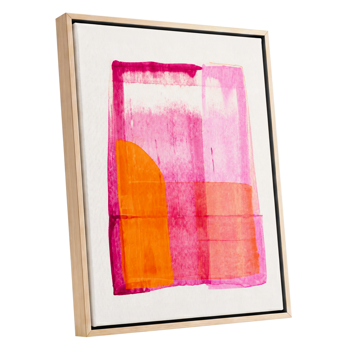 Tangerine Interlude, pink, orange, white abstract wall art shown as a oak framed canvas wall art