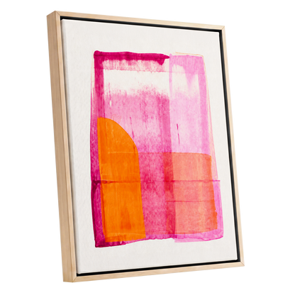 Tangerine Interlude, pink, orange, white abstract wall art shown as a oak framed canvas wall art