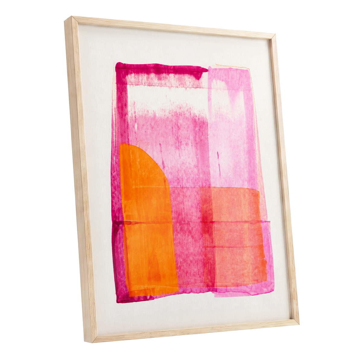 Tangerine Interlude, pink, orange, white abstract wall art shown as a oak framed poster wall art print