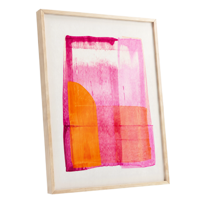 Tangerine Interlude, pink, orange, white abstract wall art shown as a oak framed poster wall art print