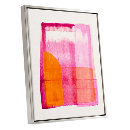 Tangerine Interlude, pink, orange, white abstract wall art shown as a silver framed canvas wall art
