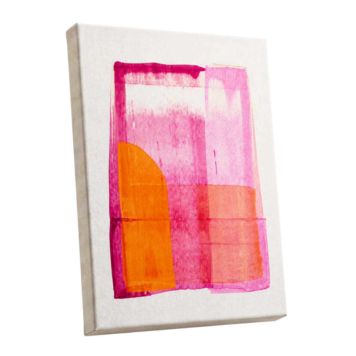 Tangerine Interlude, pink, orange, white abstract wall art shown as a stretched canvas wall art