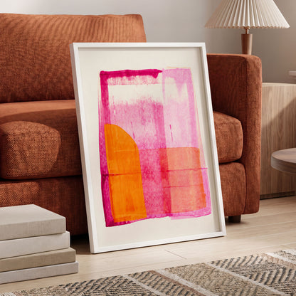 Tangerine Interlude, pink, orange, white abstract wall art displayed in a styled interior, gallery view 2