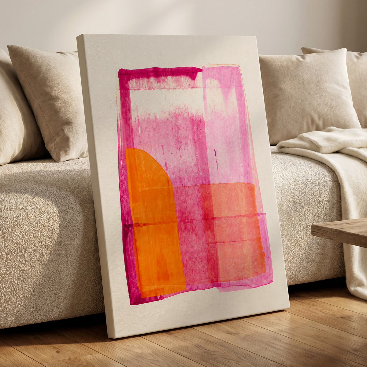 Tangerine Interlude, pink, orange, white abstract wall art displayed in a styled interior, gallery view 3