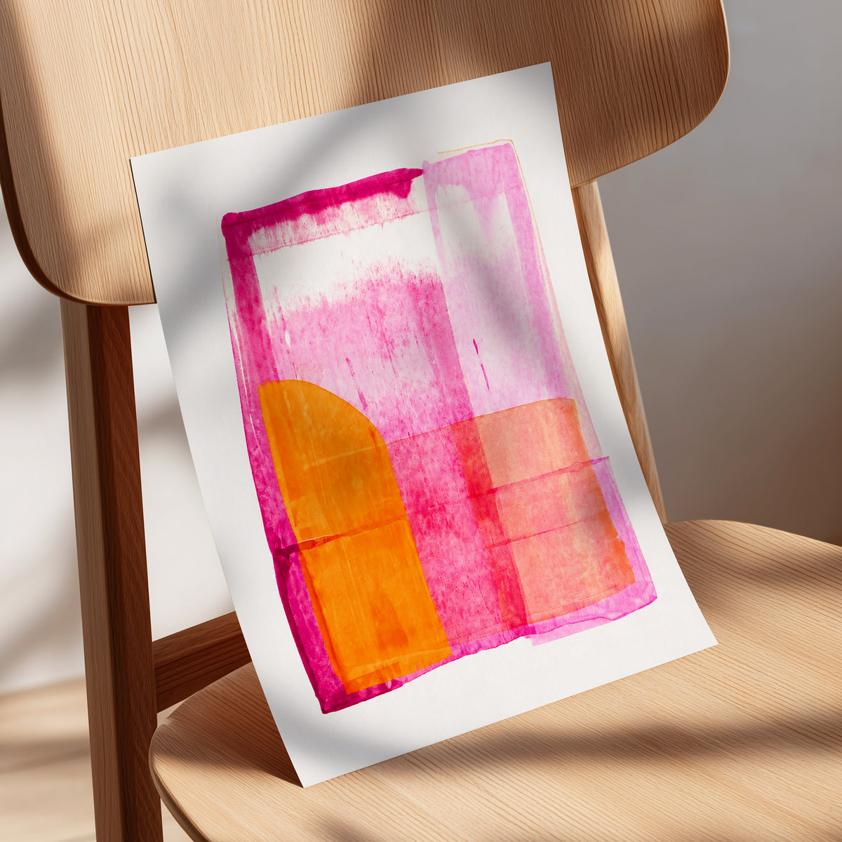 Tangerine Interlude, pink, orange, white abstract wall art displayed in a styled interior, gallery view 5