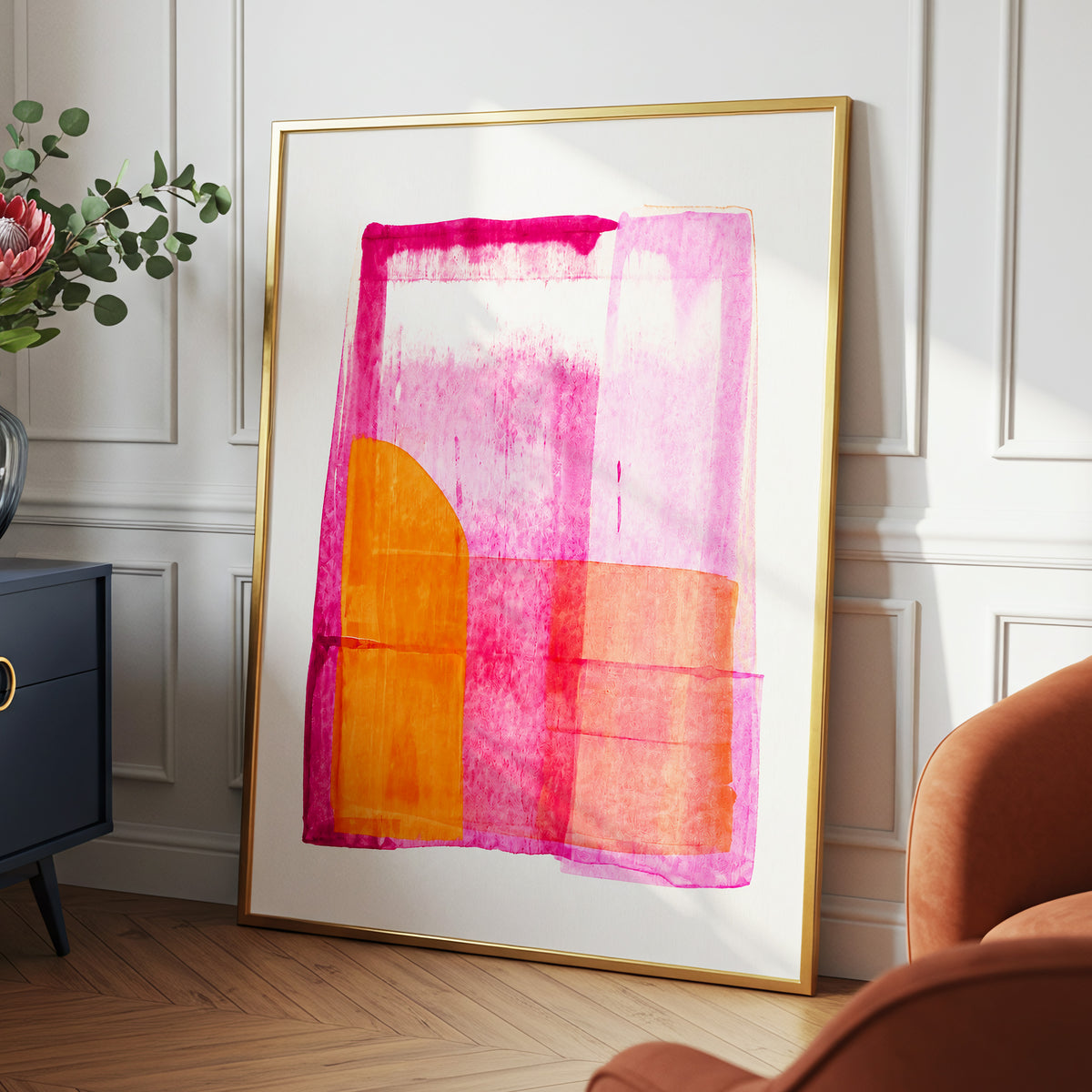 Tangerine Interlude, pink, orange, white abstract wall art displayed in a styled interior, gallery view 6
