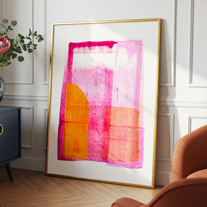 Tangerine Interlude, pink, orange, white abstract wall art displayed in a styled interior, gallery view 6