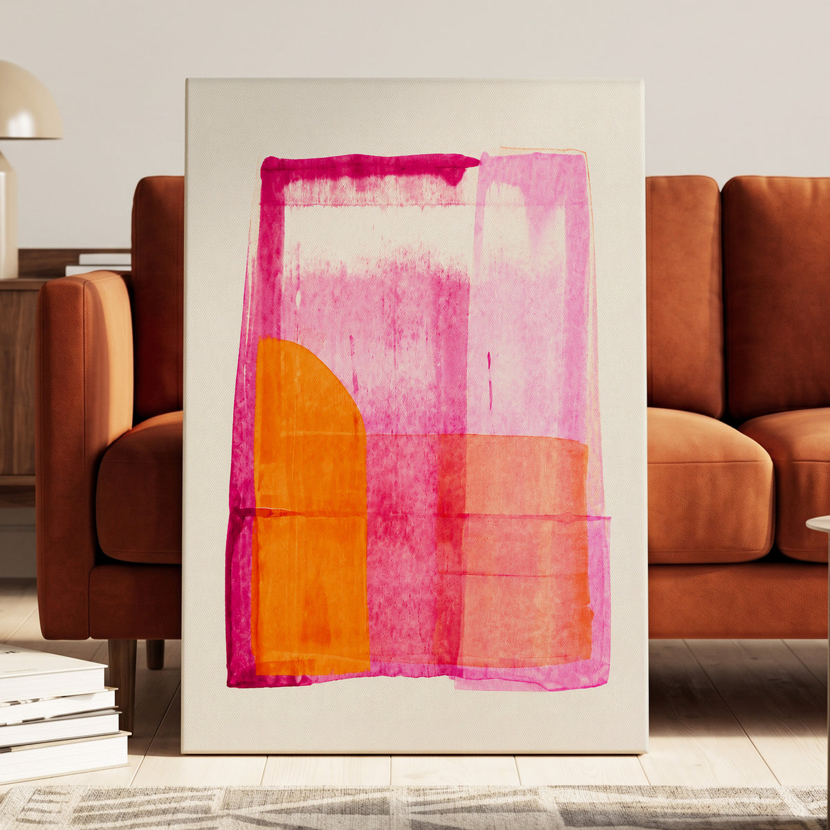 Tangerine Interlude, pink, orange, white abstract wall art displayed in a styled interior, gallery view 7