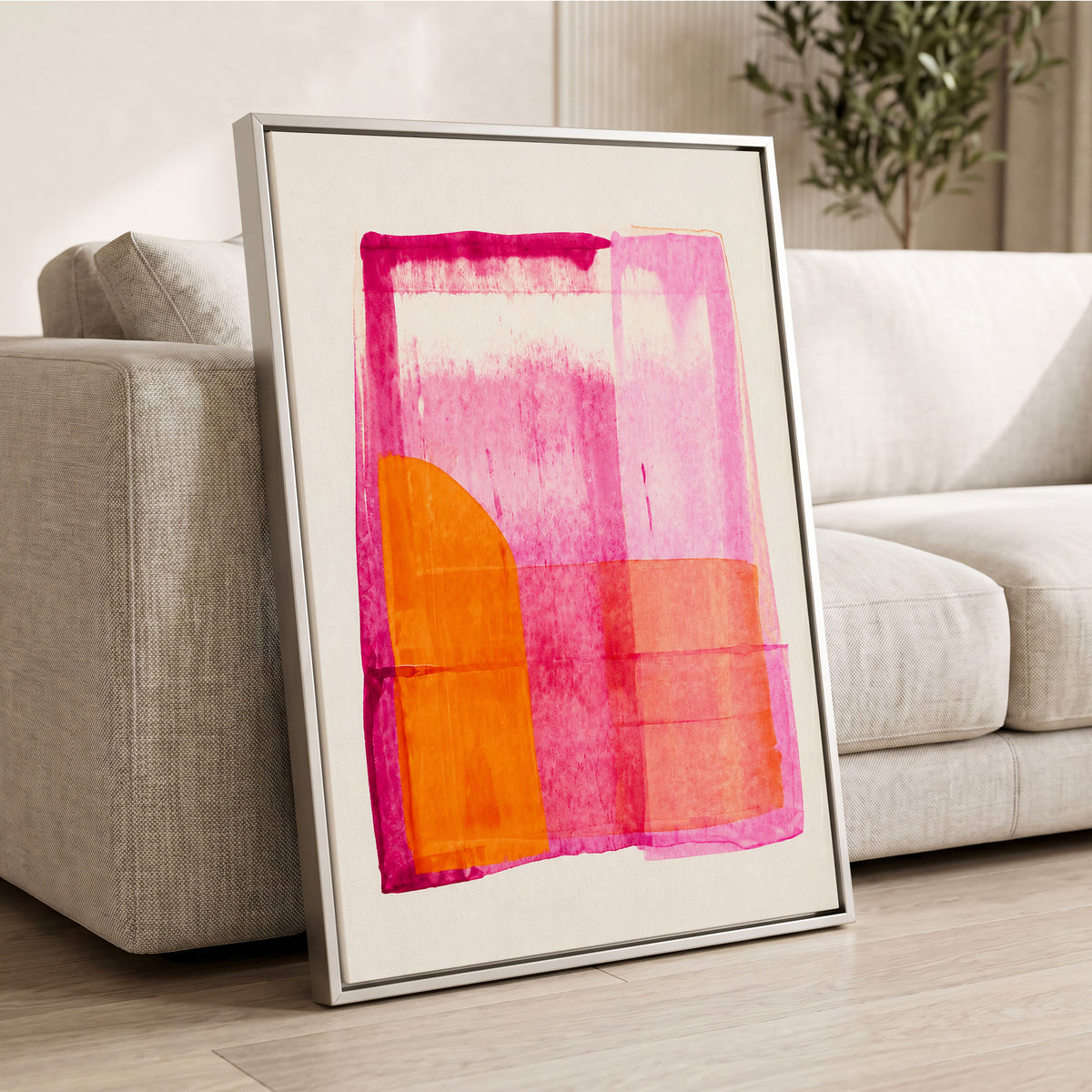 Tangerine Interlude, pink, orange, white abstract wall art displayed in a styled interior, gallery view 8
