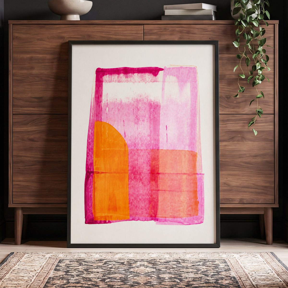 Tangerine Interlude, pink, orange, white abstract wall art displayed in a styled interior, gallery view 9