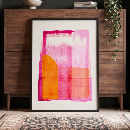 Tangerine Interlude, pink, orange, white abstract wall art displayed in a styled interior, gallery view 9