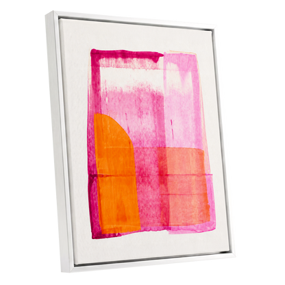 Tangerine Interlude, pink, orange, white abstract wall art shown as a white framed canvas wall art