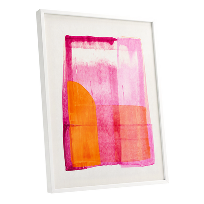 Tangerine Interlude, pink, orange, white abstract wall art shown as a white framed poster wall art print