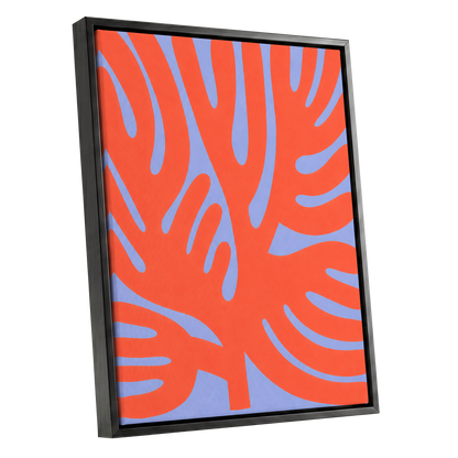 Tangerine Tangle, orange, blue, purple nature wall art shown as a black framed canvas wall art