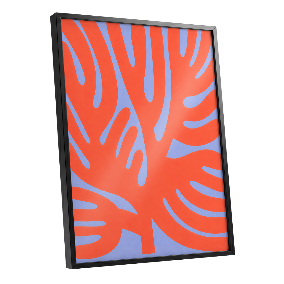 Tangerine Tangle, orange, blue, purple nature wall art shown as a black framed poster wall art print
