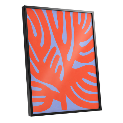 Tangerine Tangle, orange, blue, purple nature wall art shown as a black framed poster wall art print