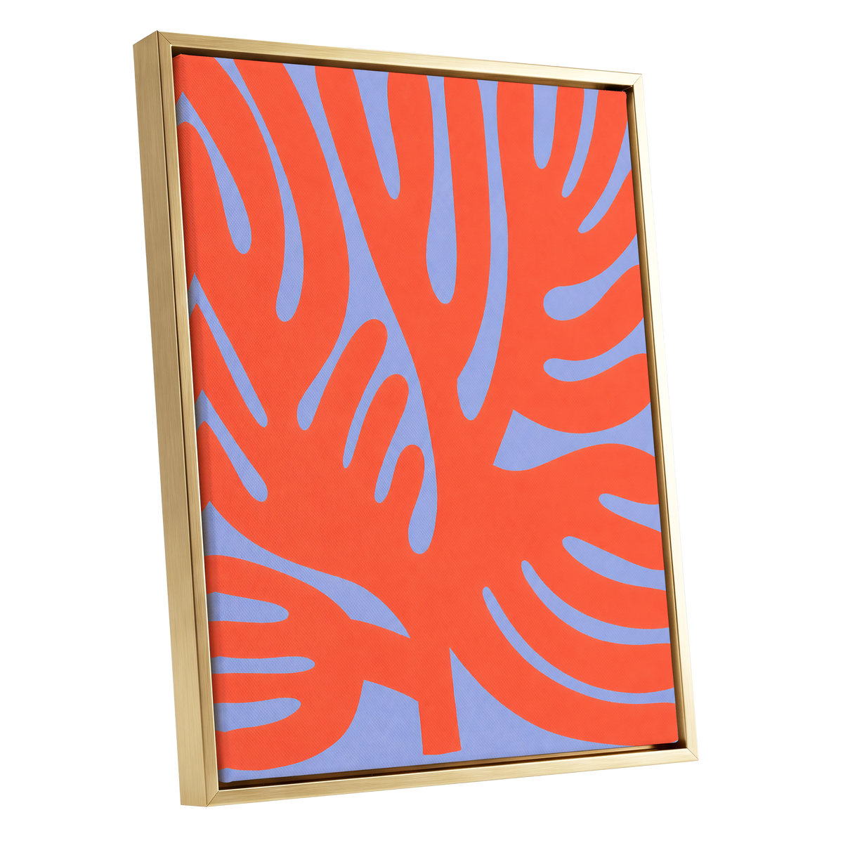 Tangerine Tangle, orange, blue, purple nature wall art shown as a gold framed canvas wall art