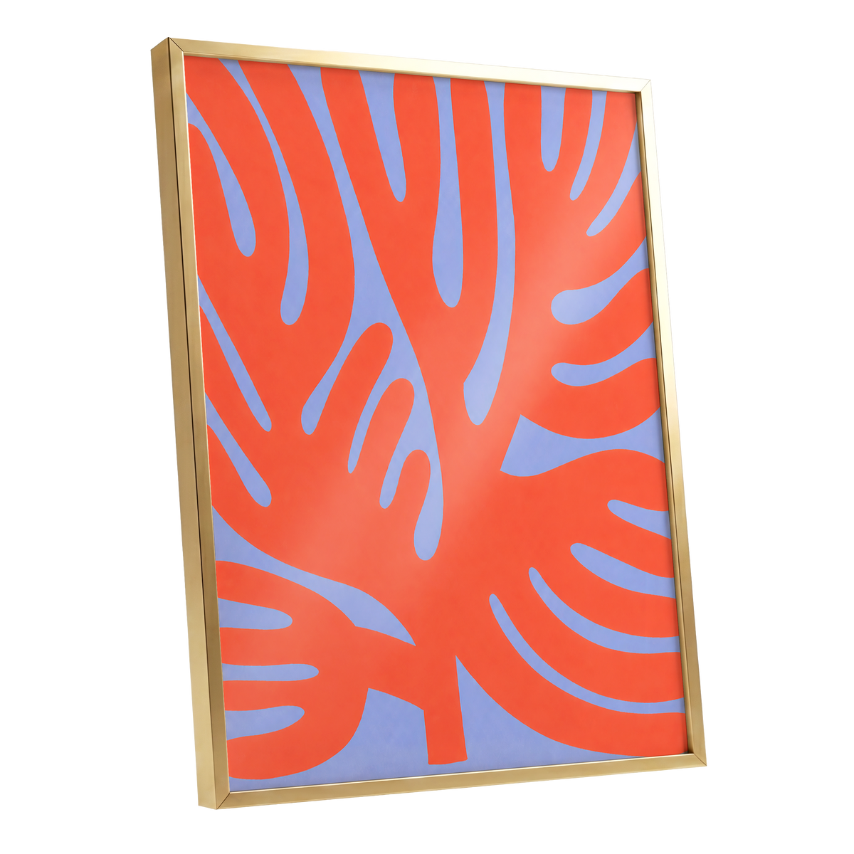 Tangerine Tangle, orange, blue, purple nature wall art shown as a gold framed poster wall art print