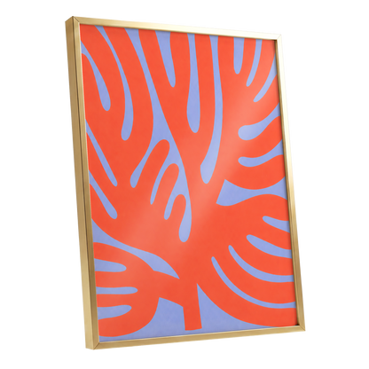 Tangerine Tangle, orange, blue, purple nature wall art shown as a gold framed poster wall art print