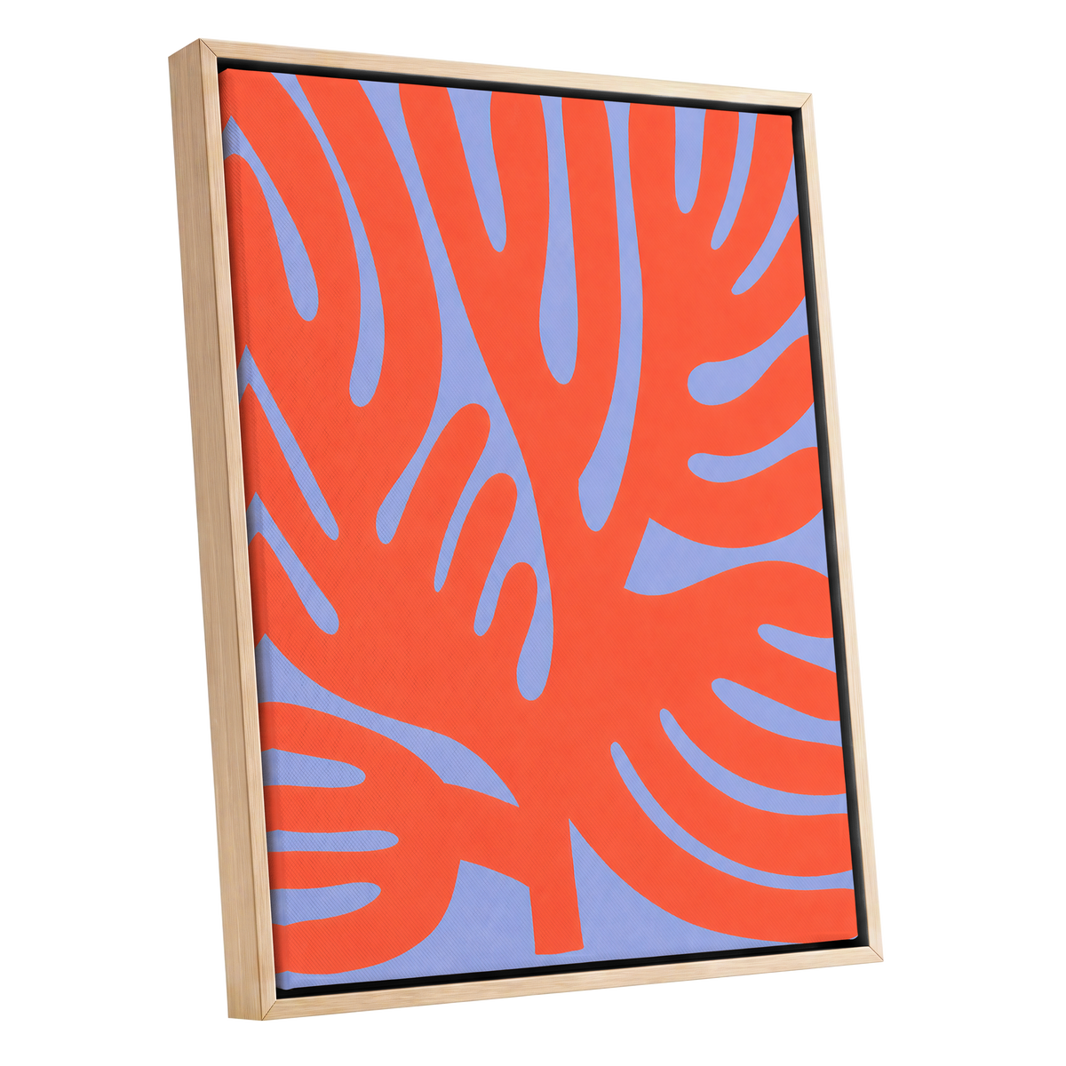 Tangerine Tangle, orange, blue, purple nature wall art shown as a oak framed canvas wall art