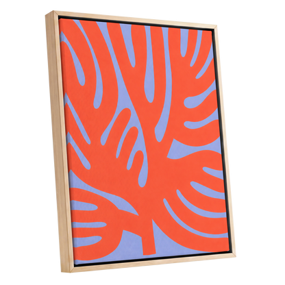 Tangerine Tangle, orange, blue, purple nature wall art shown as a oak framed canvas wall art