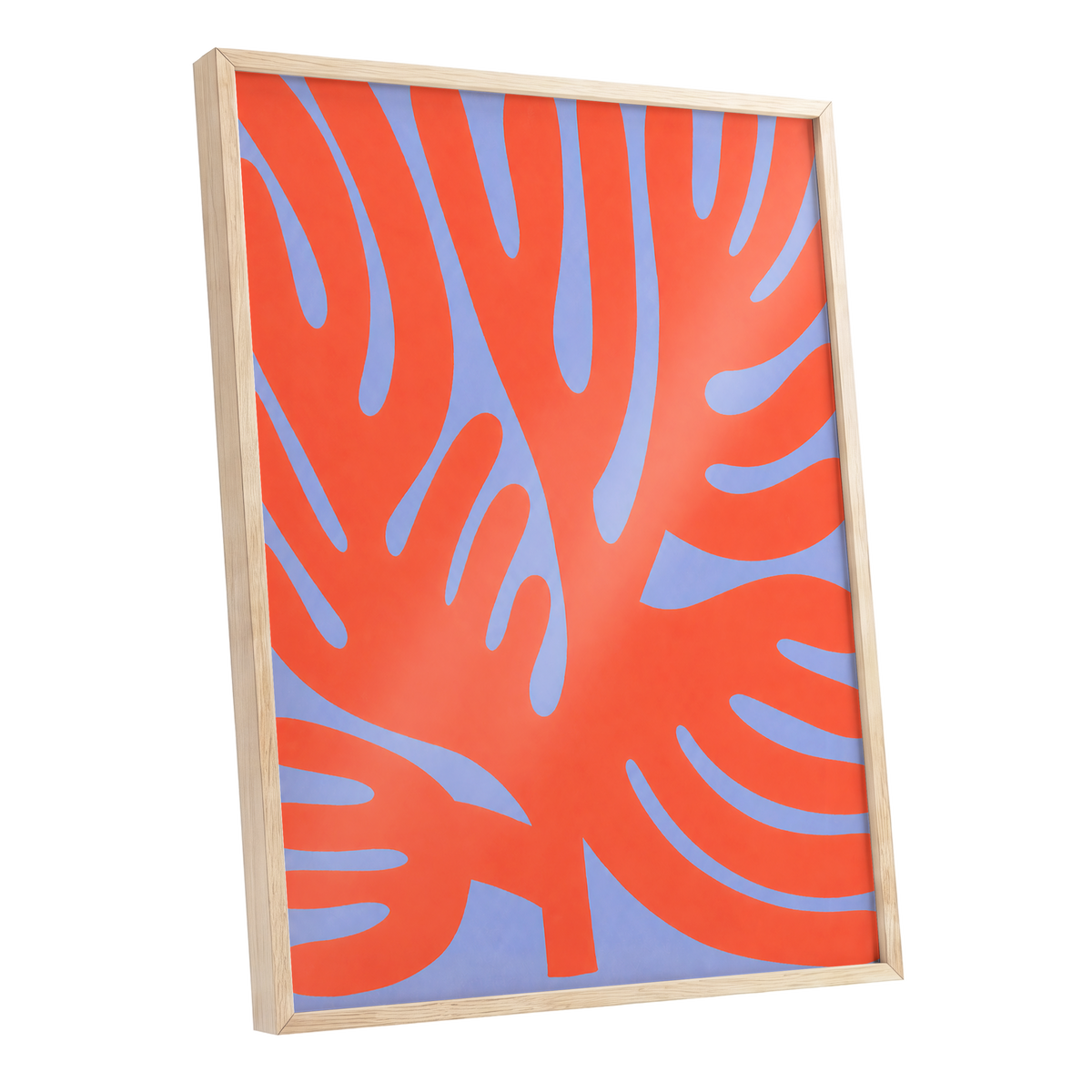 Tangerine Tangle, orange, blue, purple nature wall art shown as a oak framed poster wall art print