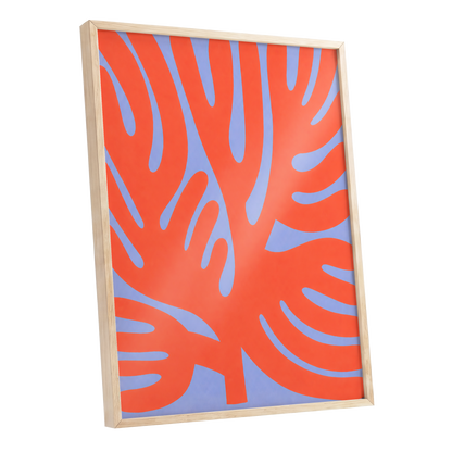 Tangerine Tangle, orange, blue, purple nature wall art shown as a oak framed poster wall art print
