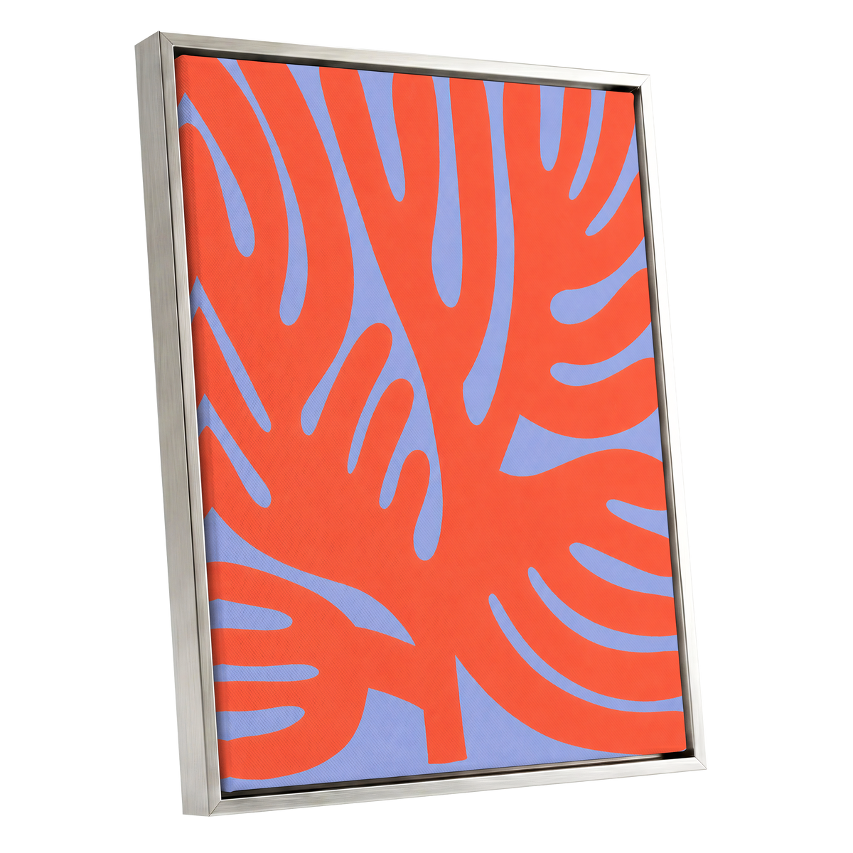 Tangerine Tangle, orange, blue, purple nature wall art shown as a silver framed canvas wall art