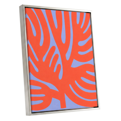 Tangerine Tangle, orange, blue, purple nature wall art shown as a silver framed canvas wall art