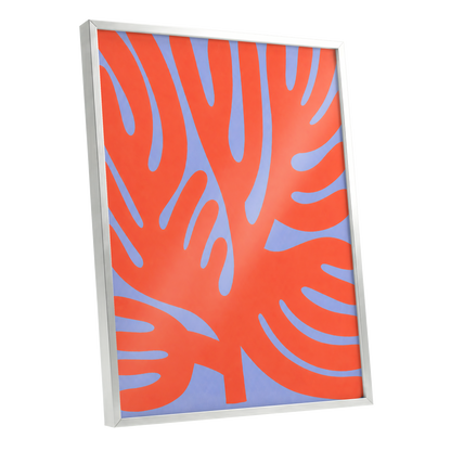 Tangerine Tangle, orange, blue, purple nature wall art shown as a silver framed poster wall art print