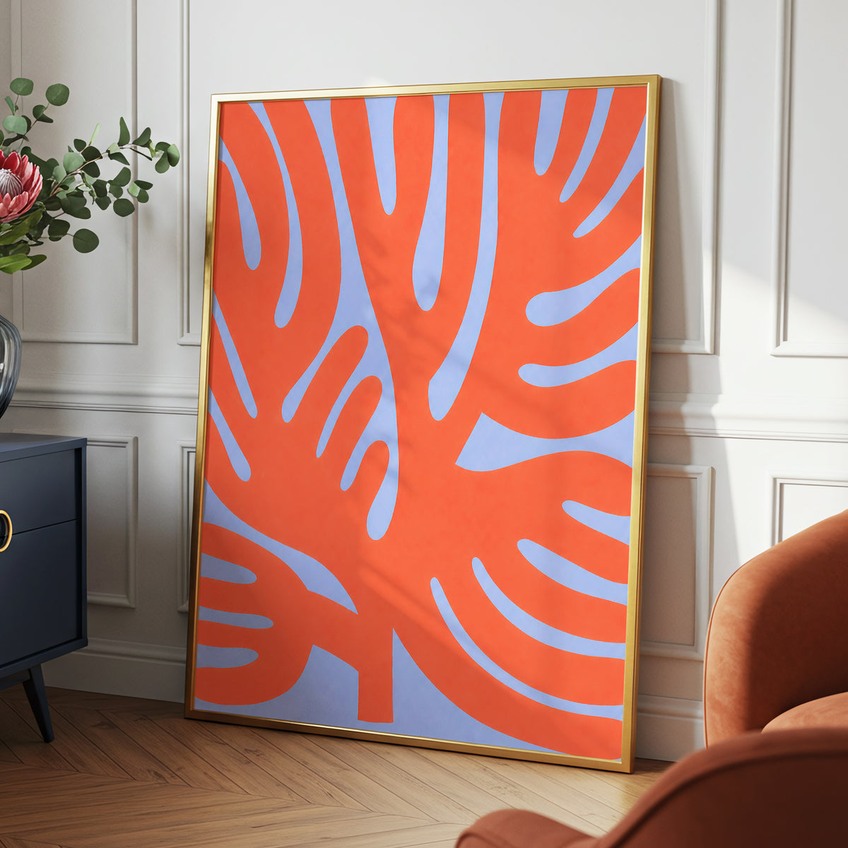 Tangerine Tangle, orange, blue, purple nature wall art displayed in a styled interior, gallery view 2