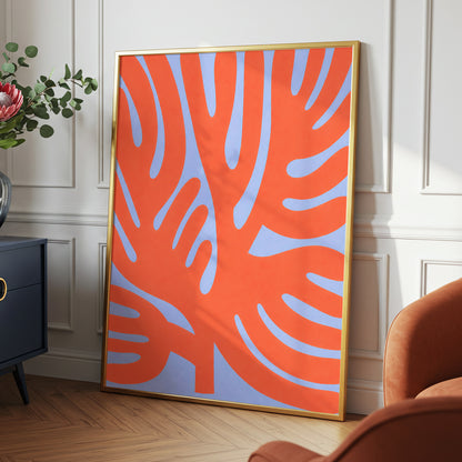 Tangerine Tangle, orange, blue, purple nature wall art displayed in a styled interior, gallery view 2