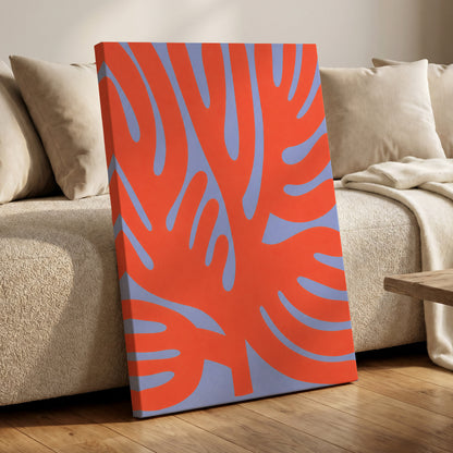 Tangerine Tangle, orange, blue, purple nature wall art displayed in a styled interior, gallery view 3