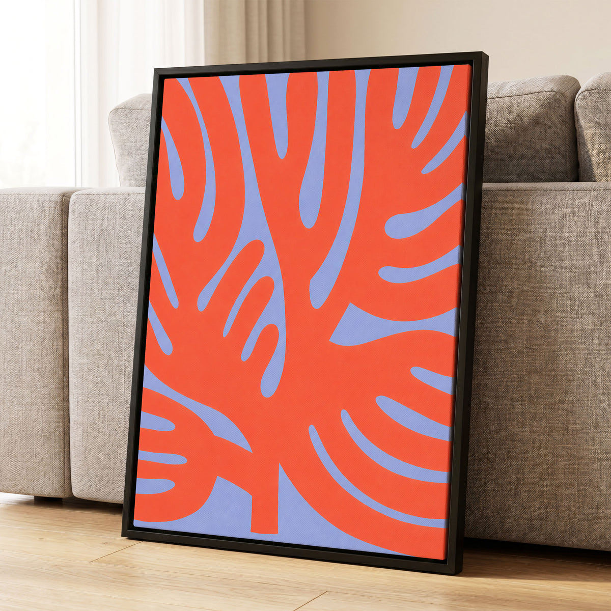 Tangerine Tangle, orange, blue, purple nature wall art displayed in a styled interior, gallery view 4