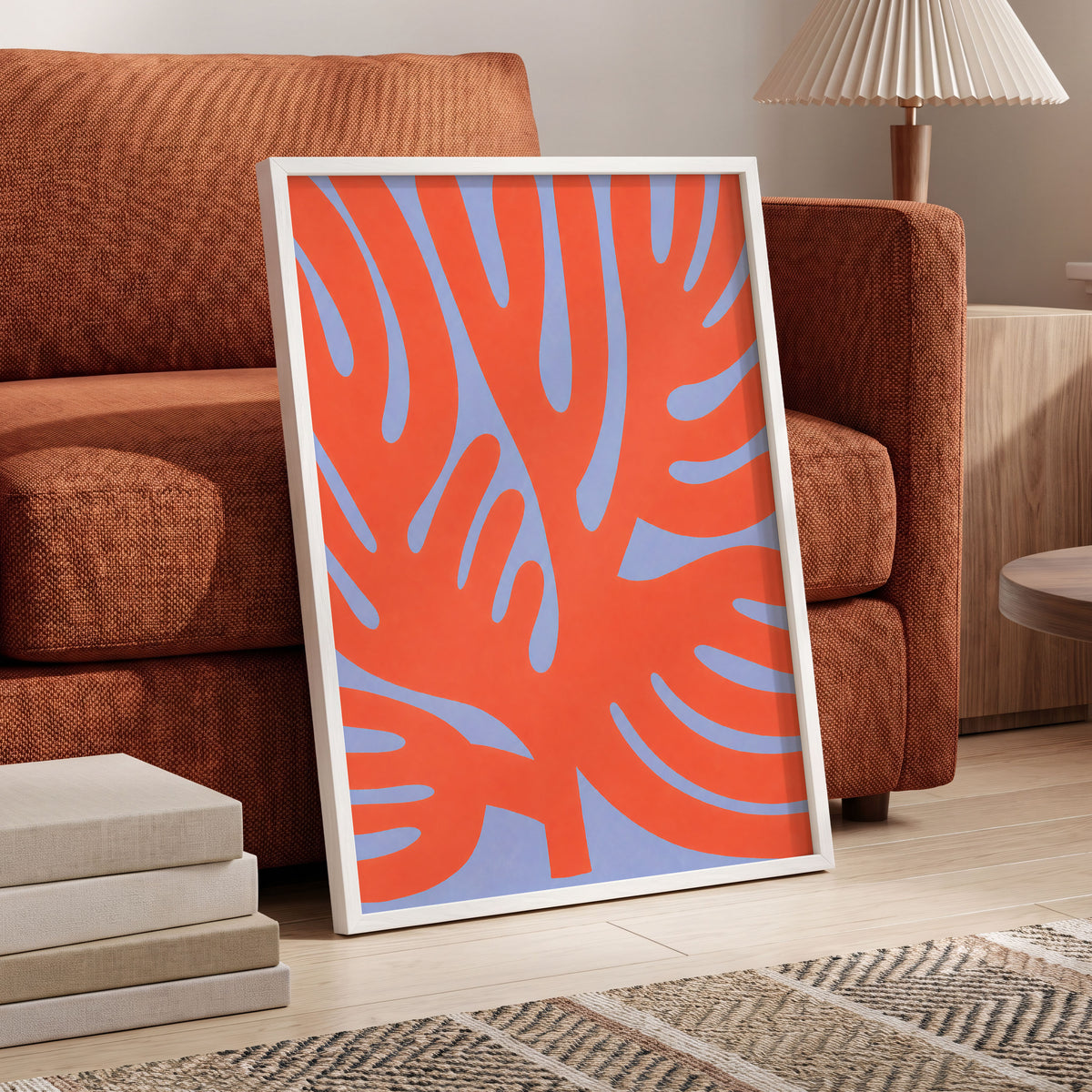 Tangerine Tangle, orange, blue, purple nature wall art displayed in a styled interior, gallery view 6