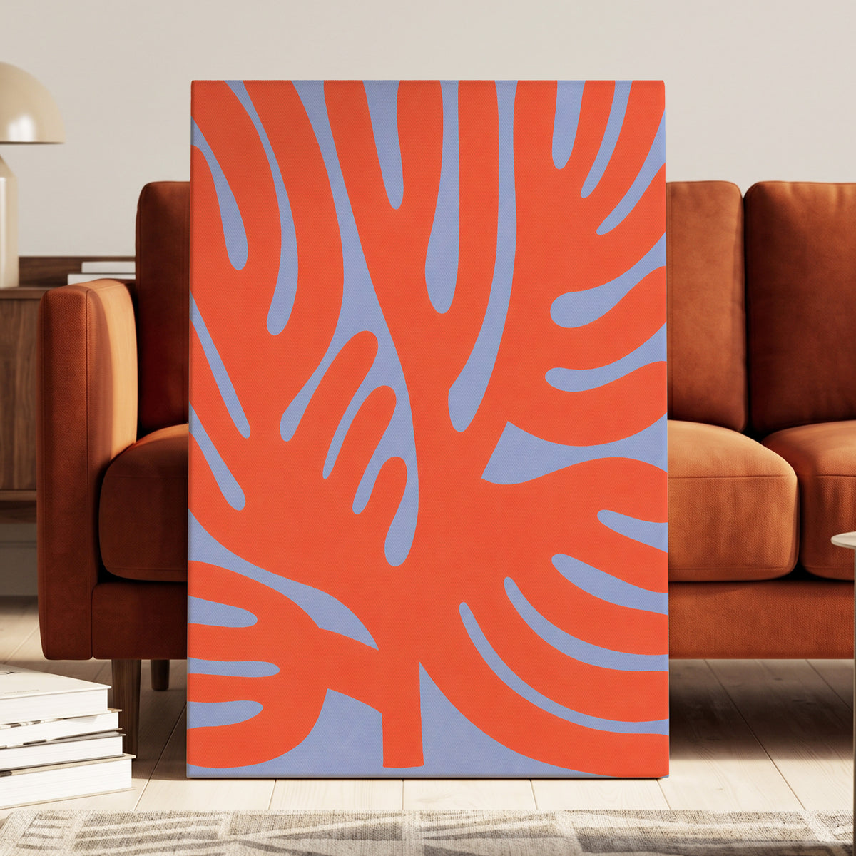 Tangerine Tangle, orange, blue, purple nature wall art displayed in a styled interior, gallery view 7