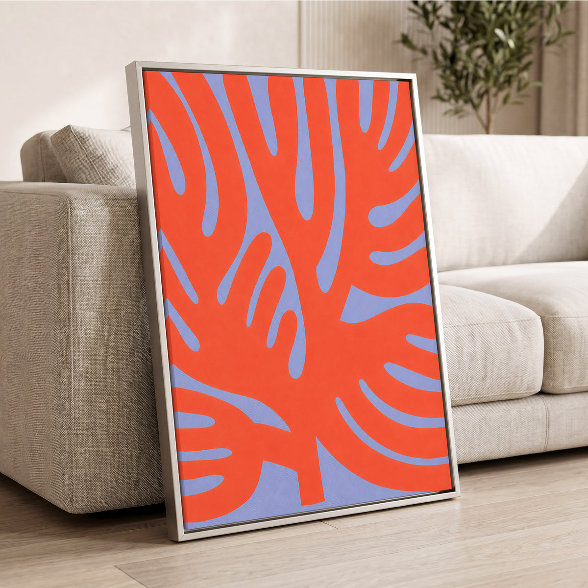 Tangerine Tangle, orange, blue, purple nature wall art displayed in a styled interior, gallery view 8